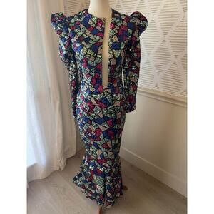 Angel Brinks Large Colorblock Mosaic Sequin Mermaid Nude Evening Gown Dress